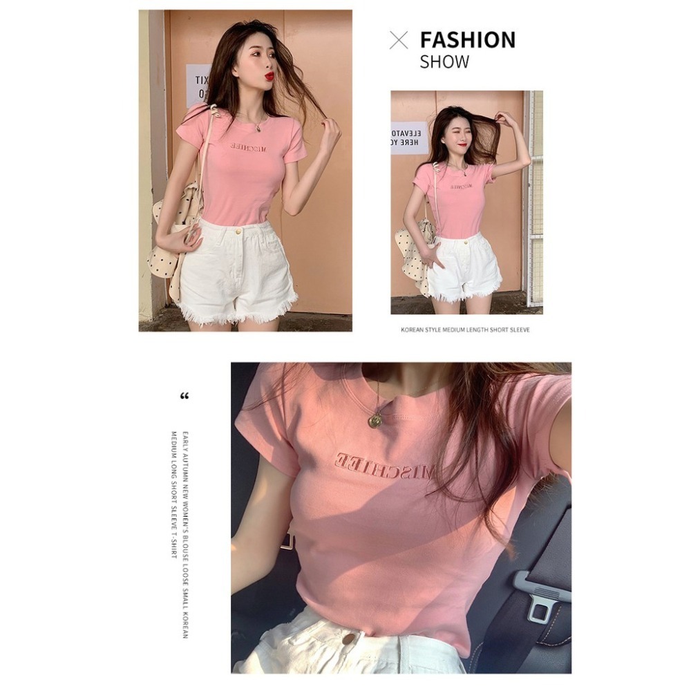 【JDUDS】 韓國新款 字母刺繡  短袖T恤 修身 學生衣服 女上衣 女裝 女生短袖 簡約刺繡-細節圖3
