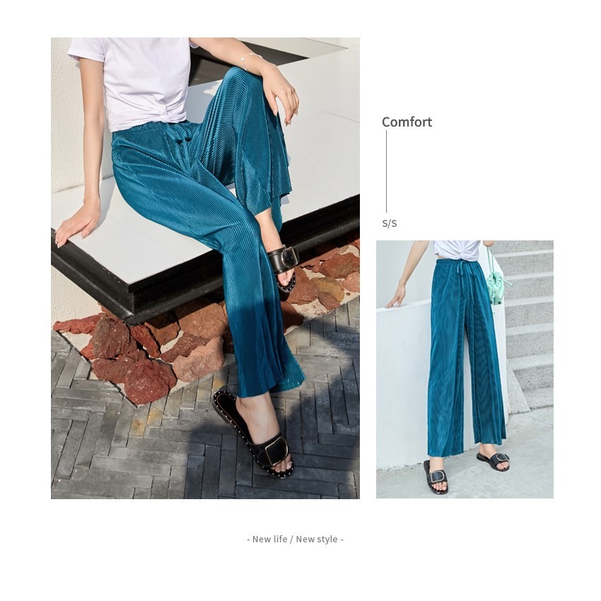 【JDUDS】夏季冰絲百褶薄款九分闊腳打底褲/寬褲 休閒百搭氣質冰絲涼爽闊腿褲-細節圖3