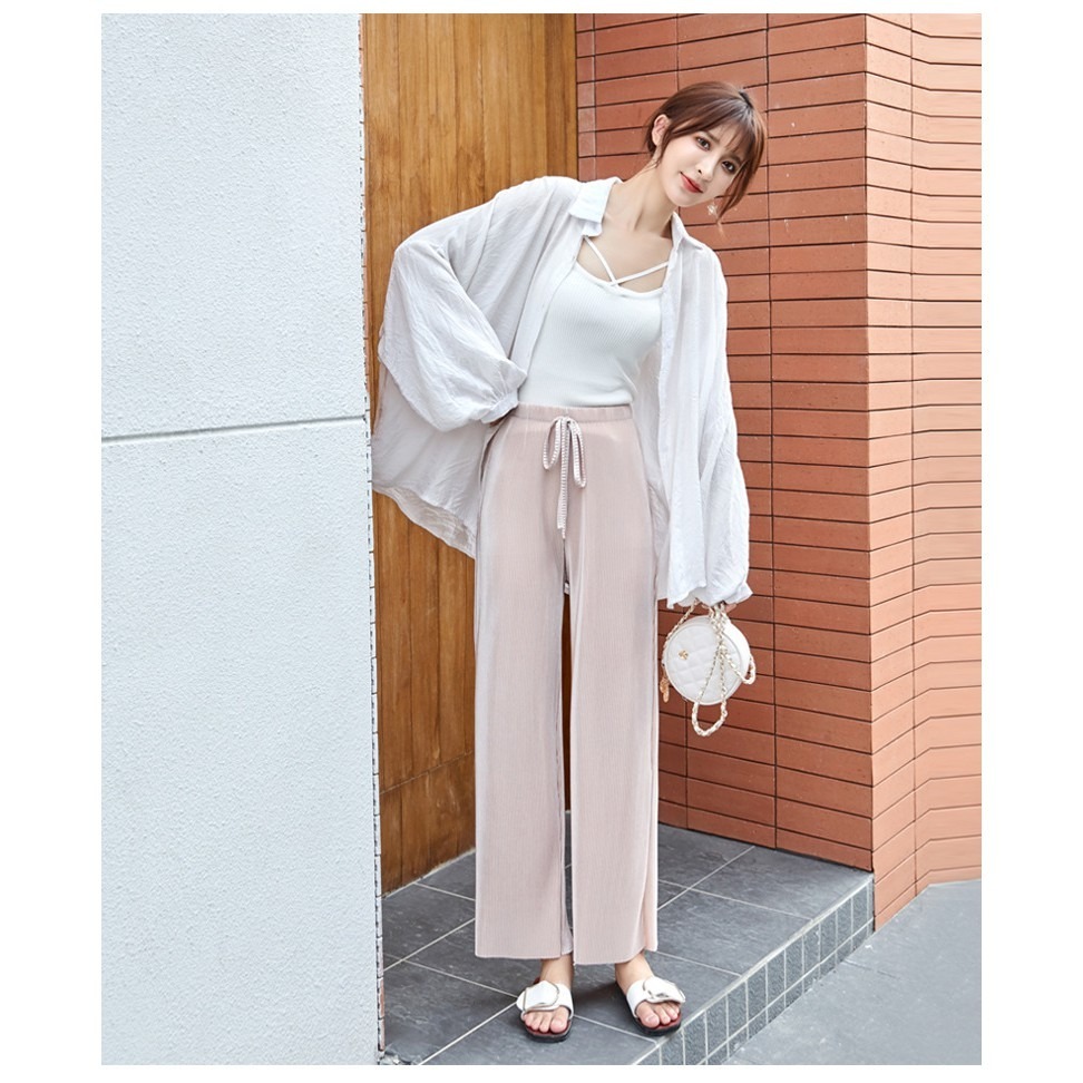 【JDUDS】夏季冰絲百褶薄款九分闊腳打底褲/寬褲 休閒百搭氣質冰絲涼爽闊腿褲-細節圖5