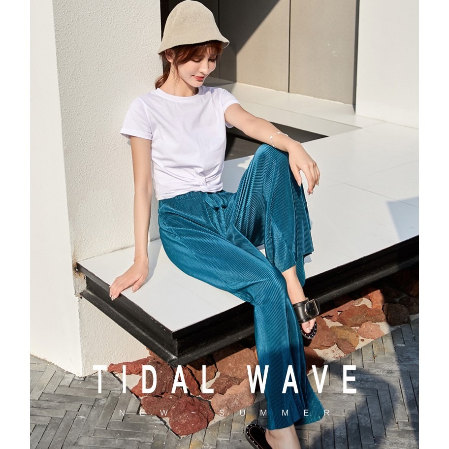 【JDUDS】夏季冰絲百褶薄款九分闊腳打底褲/寬褲 休閒百搭氣質冰絲涼爽闊腿褲-細節圖6