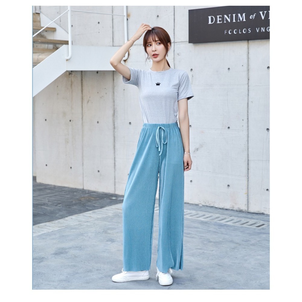 【JDUDS】夏季冰絲百褶薄款九分闊腳打底褲/寬褲 休閒百搭氣質冰絲涼爽闊腿褲-細節圖8