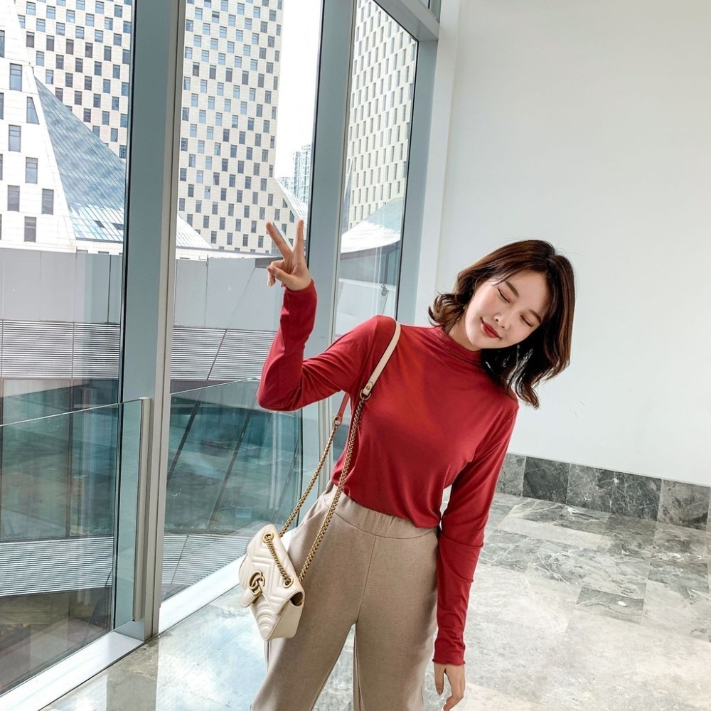 【JDUDS】半高領打底衫女長袖秋冬高領套頭長袖T恤-細節圖3