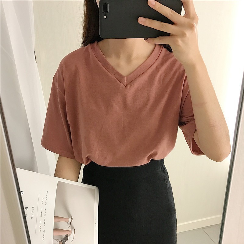 【JDUDS】韓版復古色系棉質圓領/V領短袖上衣 短袖t恤 女裝 顯瘦上衣 衣服 寬鬆上衣 短袖-細節圖5