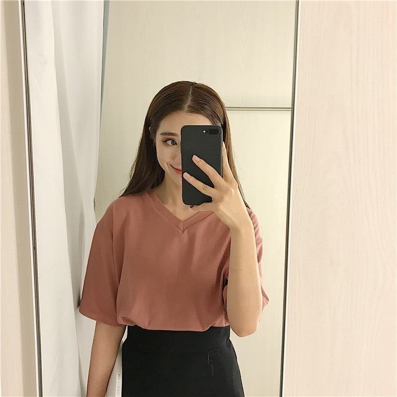 【JDUDS】韓版復古色系棉質圓領/V領短袖上衣 短袖t恤 女裝 顯瘦上衣 衣服 寬鬆上衣 短袖-細節圖7