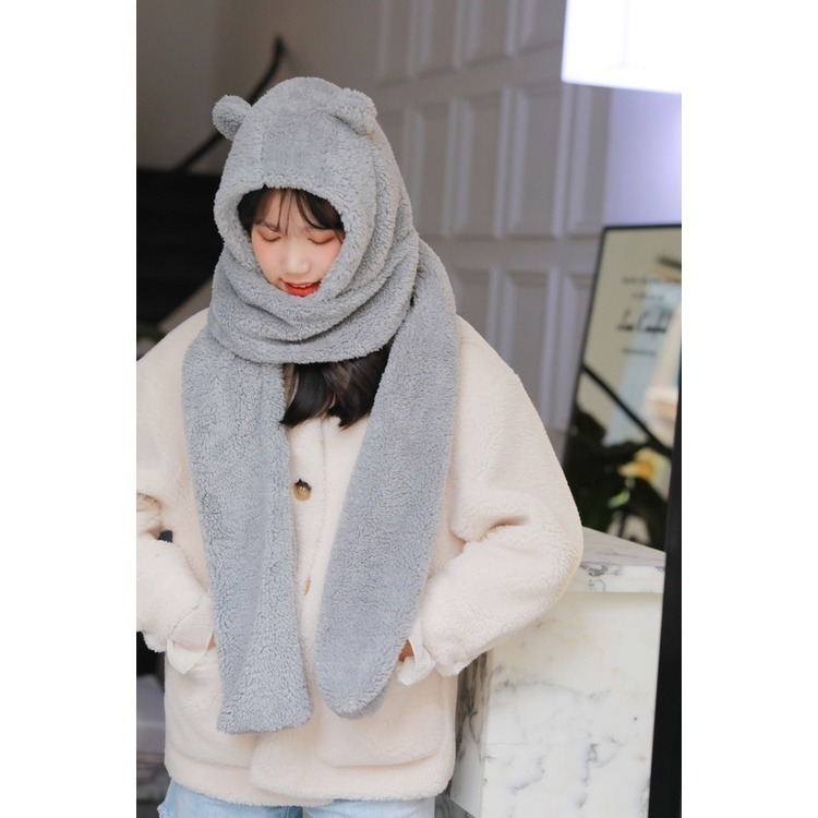 【JDUDS】小熊帽子圍巾 連帽小熊圍巾可愛百搭毛絨圍巾 加厚絨毛圍巾 秋冬保暖圍巾圍脖 泰迪熊純色圍巾 熊寶寶圍巾-細節圖3