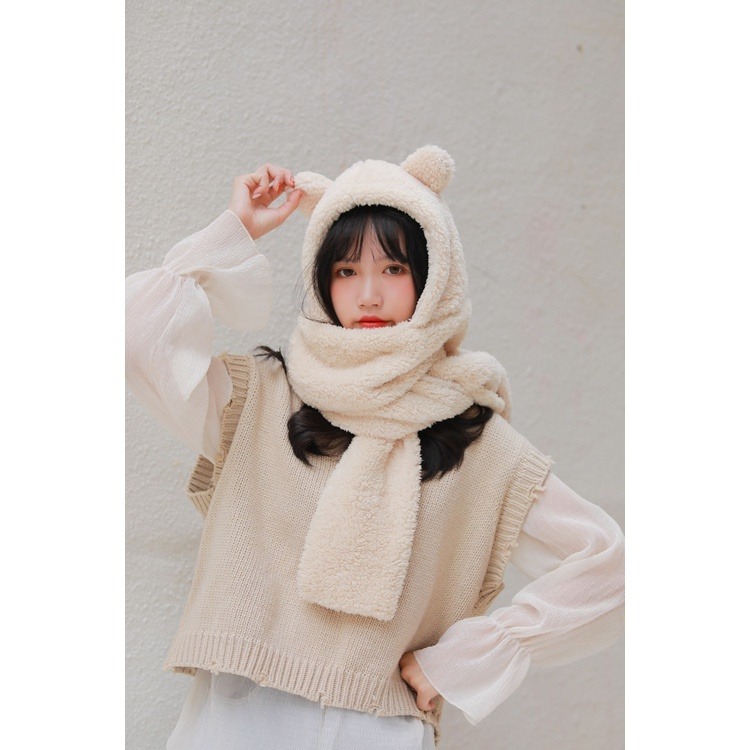 【JDUDS】小熊帽子圍巾 連帽小熊圍巾可愛百搭毛絨圍巾 加厚絨毛圍巾 秋冬保暖圍巾圍脖 泰迪熊純色圍巾 熊寶寶圍巾-細節圖4