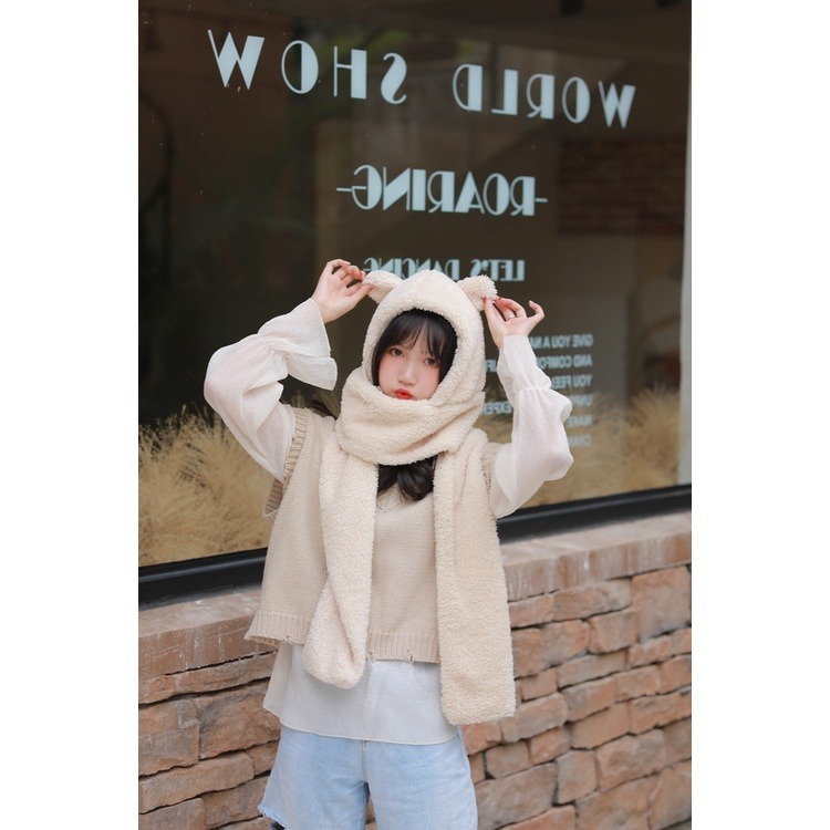 【JDUDS】小熊帽子圍巾 連帽小熊圍巾可愛百搭毛絨圍巾 加厚絨毛圍巾 秋冬保暖圍巾圍脖 泰迪熊純色圍巾 熊寶寶圍巾-細節圖5