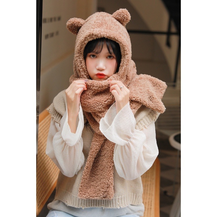 【JDUDS】小熊帽子圍巾 連帽小熊圍巾可愛百搭毛絨圍巾 加厚絨毛圍巾 秋冬保暖圍巾圍脖 泰迪熊純色圍巾 熊寶寶圍巾-細節圖6