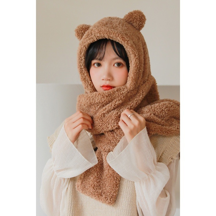 【JDUDS】小熊帽子圍巾 連帽小熊圍巾可愛百搭毛絨圍巾 加厚絨毛圍巾 秋冬保暖圍巾圍脖 泰迪熊純色圍巾 熊寶寶圍巾-細節圖7
