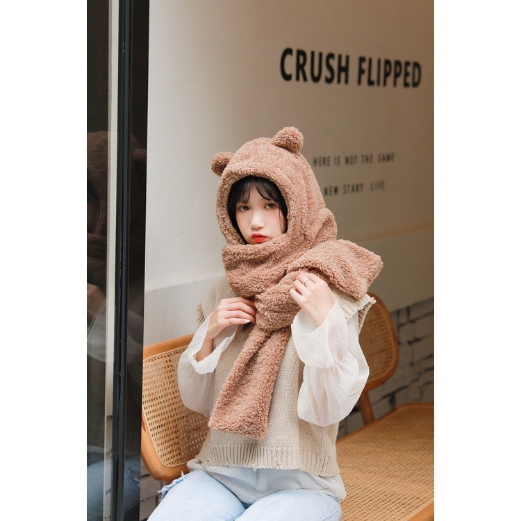 【JDUDS】小熊帽子圍巾 連帽小熊圍巾可愛百搭毛絨圍巾 加厚絨毛圍巾 秋冬保暖圍巾圍脖 泰迪熊純色圍巾 熊寶寶圍巾-細節圖9