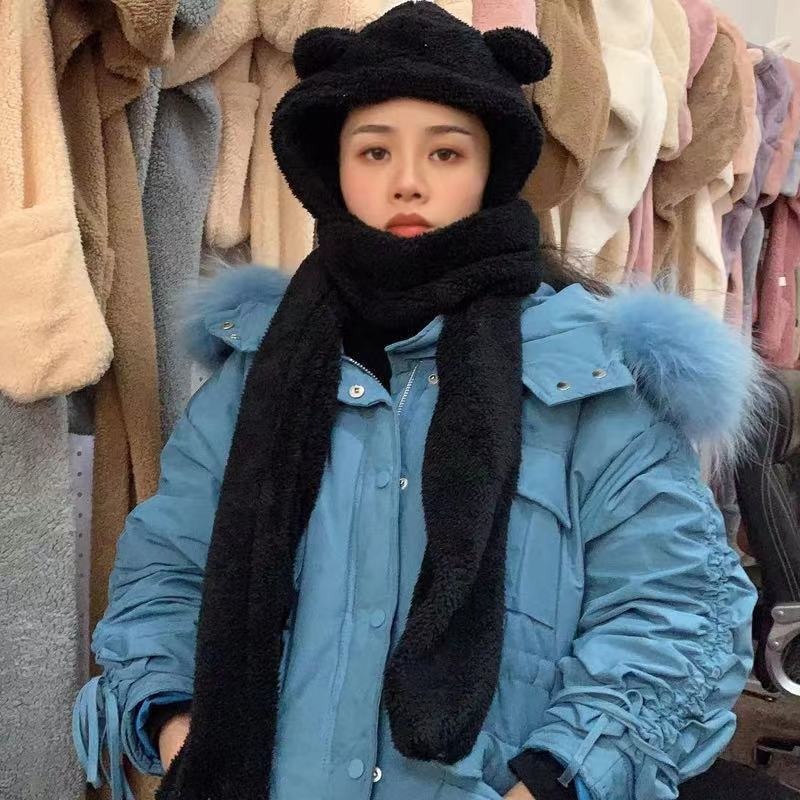 【JDUDS】小熊帽子圍巾 連帽小熊圍巾可愛百搭毛絨圍巾 加厚絨毛圍巾 秋冬保暖圍巾圍脖 泰迪熊純色圍巾 熊寶寶圍巾-規格圖9