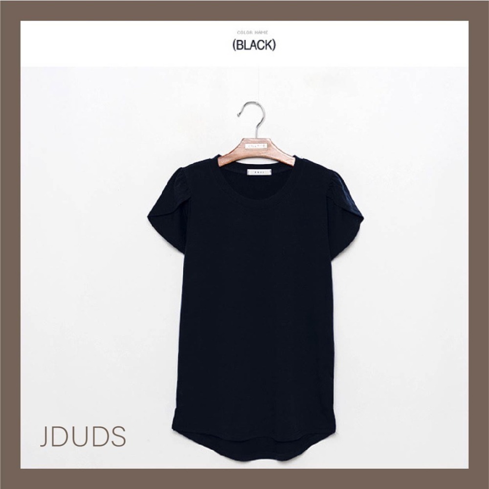 【JDUDS】新款韓版純色寬鬆上衣 圓領短袖 女T恤 打底衫 花辮袖 側邊小開衩 造型上衣-細節圖2