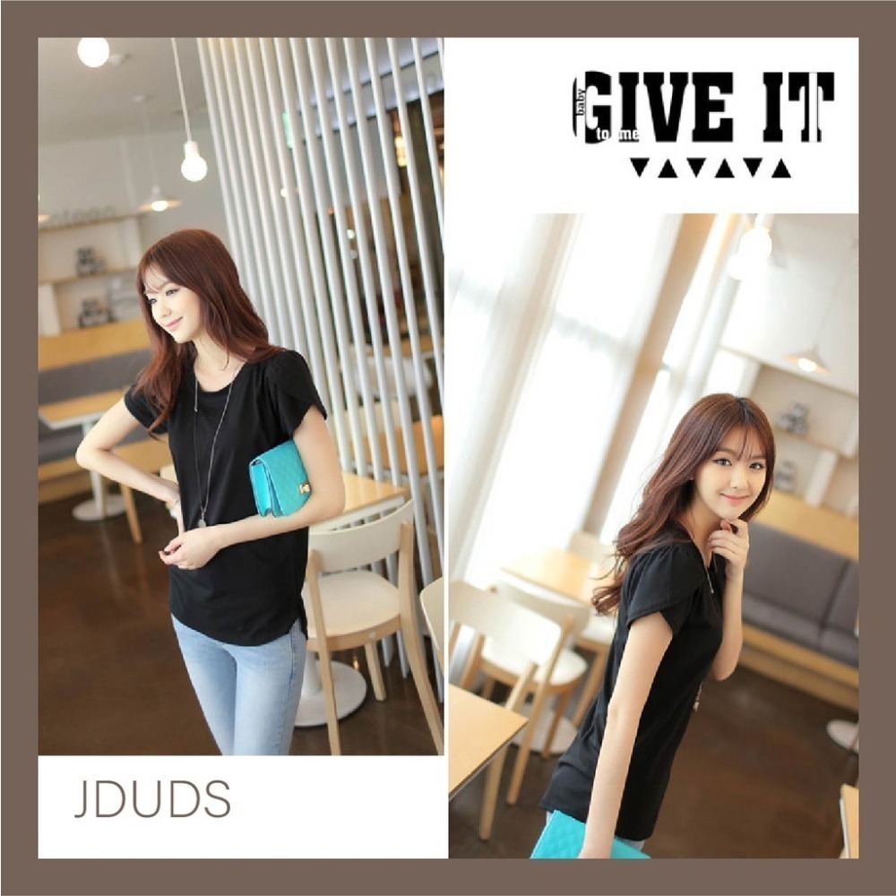 【JDUDS】新款韓版純色寬鬆上衣 圓領短袖 女T恤 打底衫 花辮袖 側邊小開衩 造型上衣-細節圖7