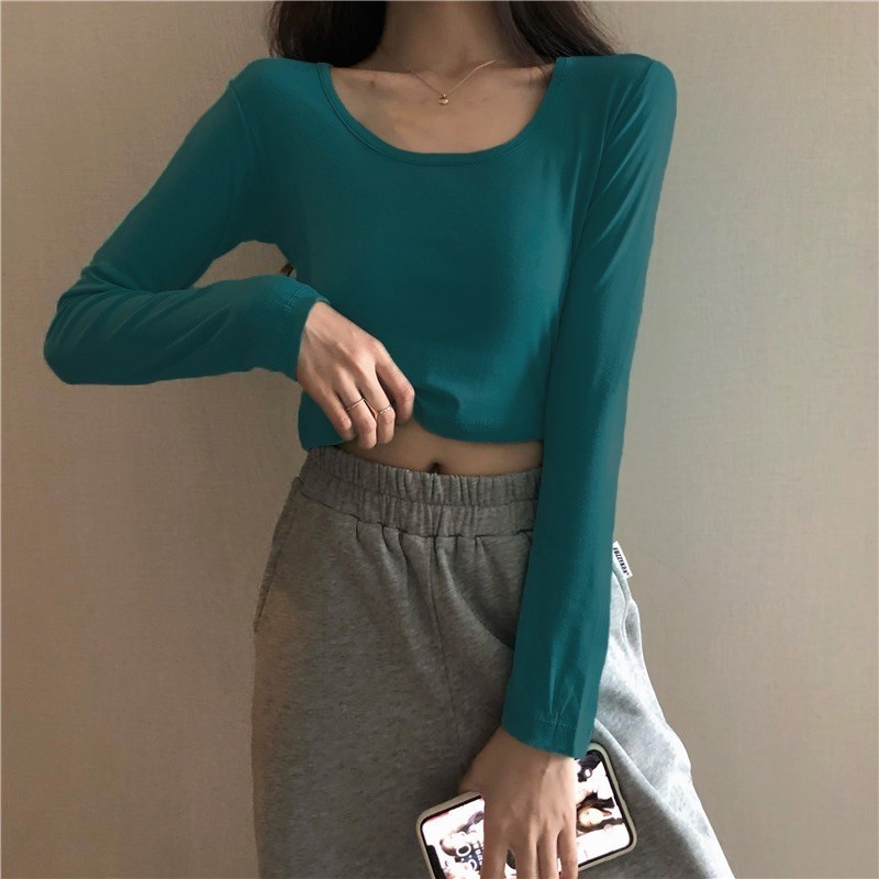 【JDUDS】秋冬流行素色打底衣短版性感長袖T恤 露肚臍長袖T恤 長袖T恤 露肚臍長袖T恤 百搭 閨蜜上衣-細節圖7
