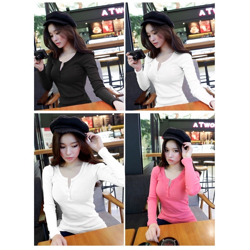 【JDUDS】長袖T恤 秋冬打底衫韓系外穿秋瘦長袖t恤修身長款螺紋韓版打底衫v領紐扣T恤 大碼-細節圖2