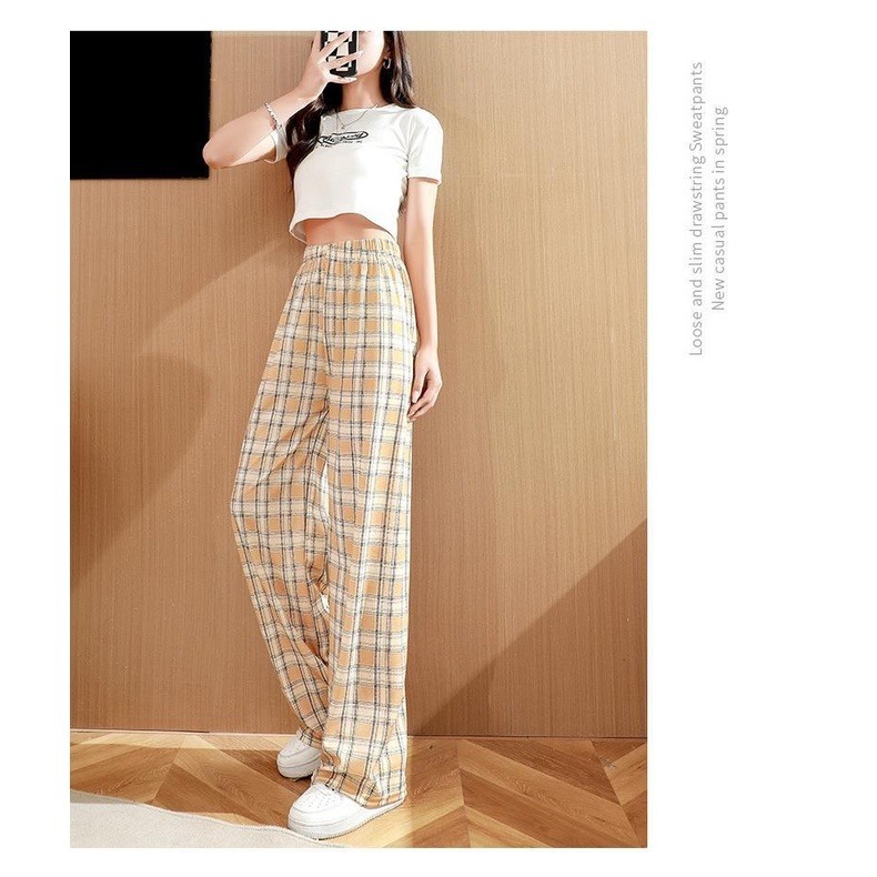 【JDUDS】日系高腰顯瘦格子直筒闊腿褲 寬鬆垂感拖地休閒褲-細節圖3