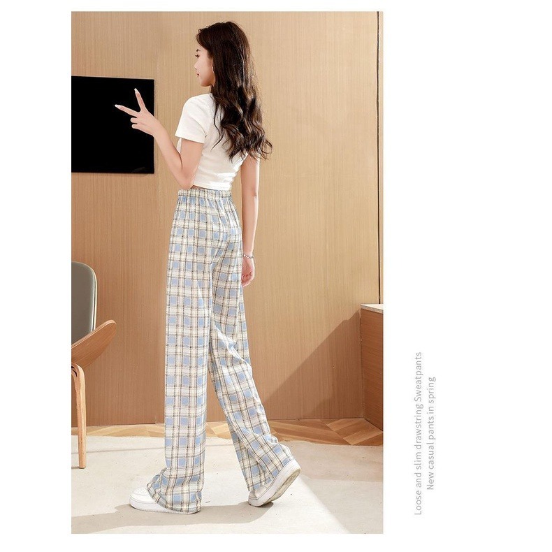 【JDUDS】日系高腰顯瘦格子直筒闊腿褲 寬鬆垂感拖地休閒褲-細節圖6