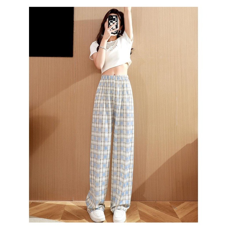 【JDUDS】日系高腰顯瘦格子直筒闊腿褲 寬鬆垂感拖地休閒褲-細節圖7