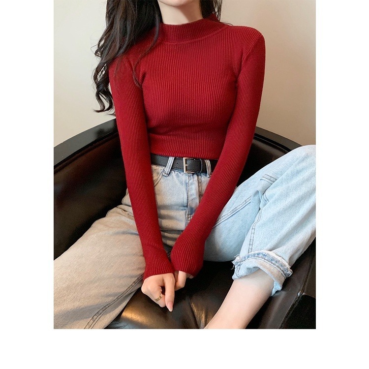 【JDUDS】韓版半高領百搭彈性顯瘦 針織上衣 長袖t恤 女裝 衣服 寬鬆上衣 發熱衣 素T 毛衣-細節圖5