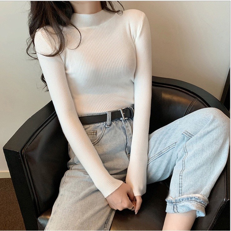 【JDUDS】韓版半高領百搭彈性顯瘦 針織上衣 長袖t恤 女裝 衣服 寬鬆上衣 發熱衣 素T 毛衣-細節圖6