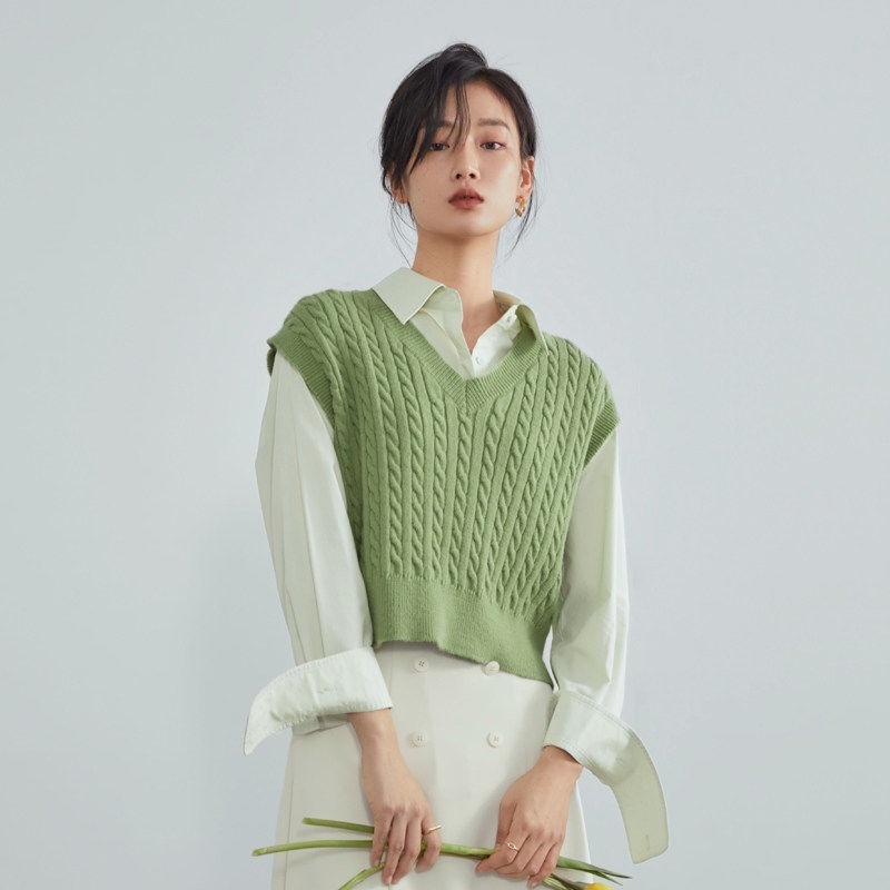 【JDUDS】復古時尚麻花V領針織背心 針織馬甲背心 學生風格針織背心-細節圖2