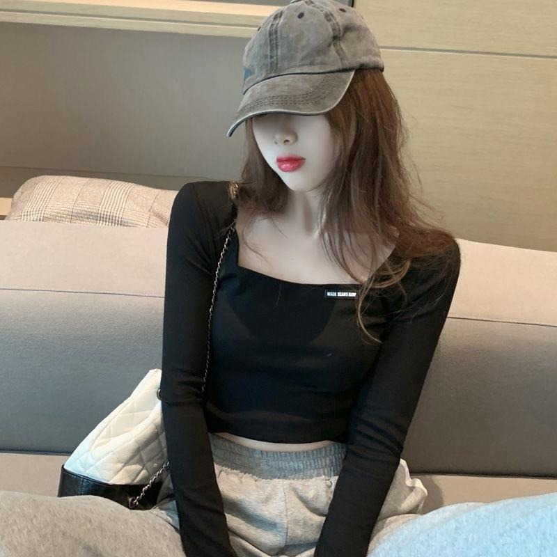 【JDUDS】法式方領修身長袖T恤 修身上衣 性感露肚臍長袖上衣  顯瘦 顯身材 性感 長袖內搭-細節圖6