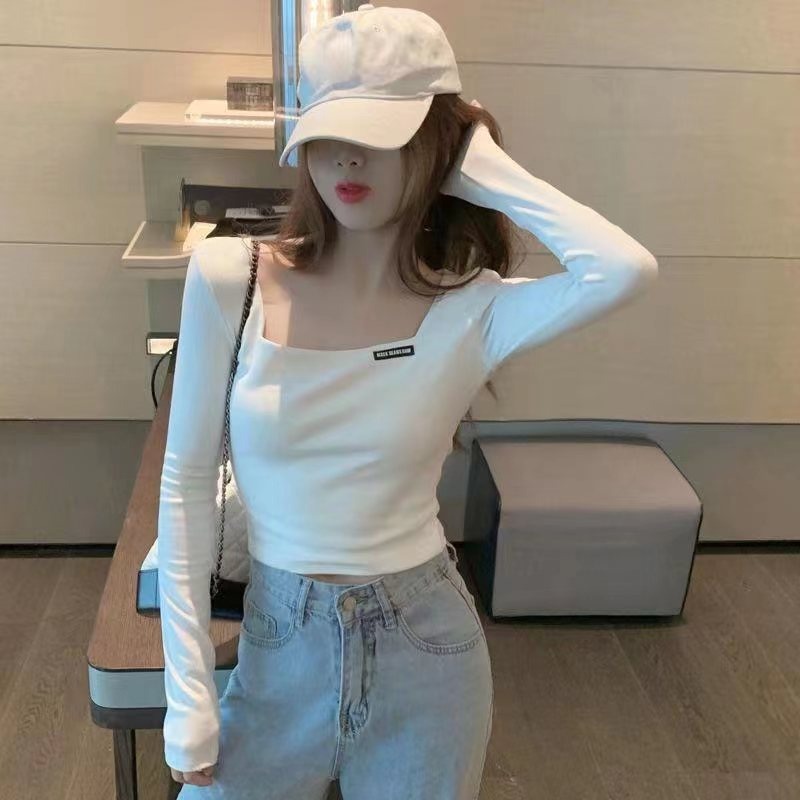 【JDUDS】法式方領修身長袖T恤 修身上衣 性感露肚臍長袖上衣  顯瘦 顯身材 性感 長袖內搭-細節圖7