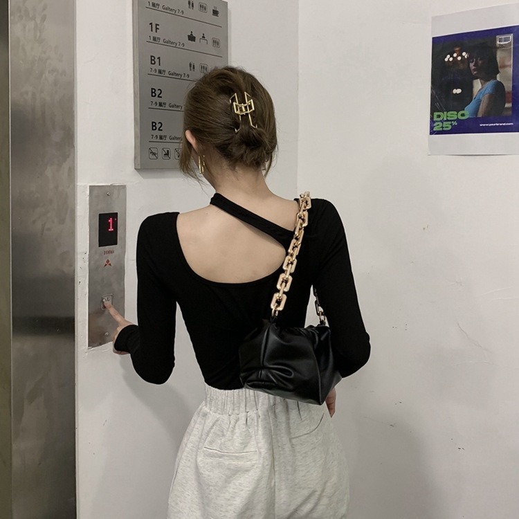 【JDUDS】性感修身顯瘦 繞頸斜肩長袖T恤 不對稱繞頸T恤 不對稱繞頸上衣 性感 顯瘦 時尚 長袖上衣-細節圖3