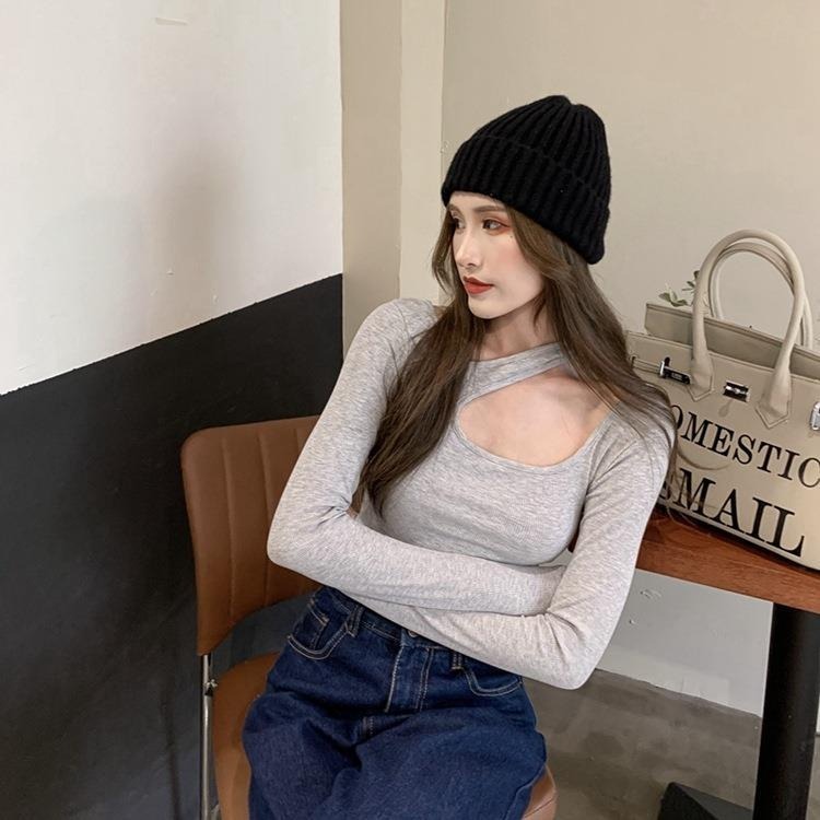 【JDUDS】性感修身顯瘦 繞頸斜肩長袖T恤 不對稱繞頸T恤 不對稱繞頸上衣 性感 顯瘦 時尚 長袖上衣-細節圖4