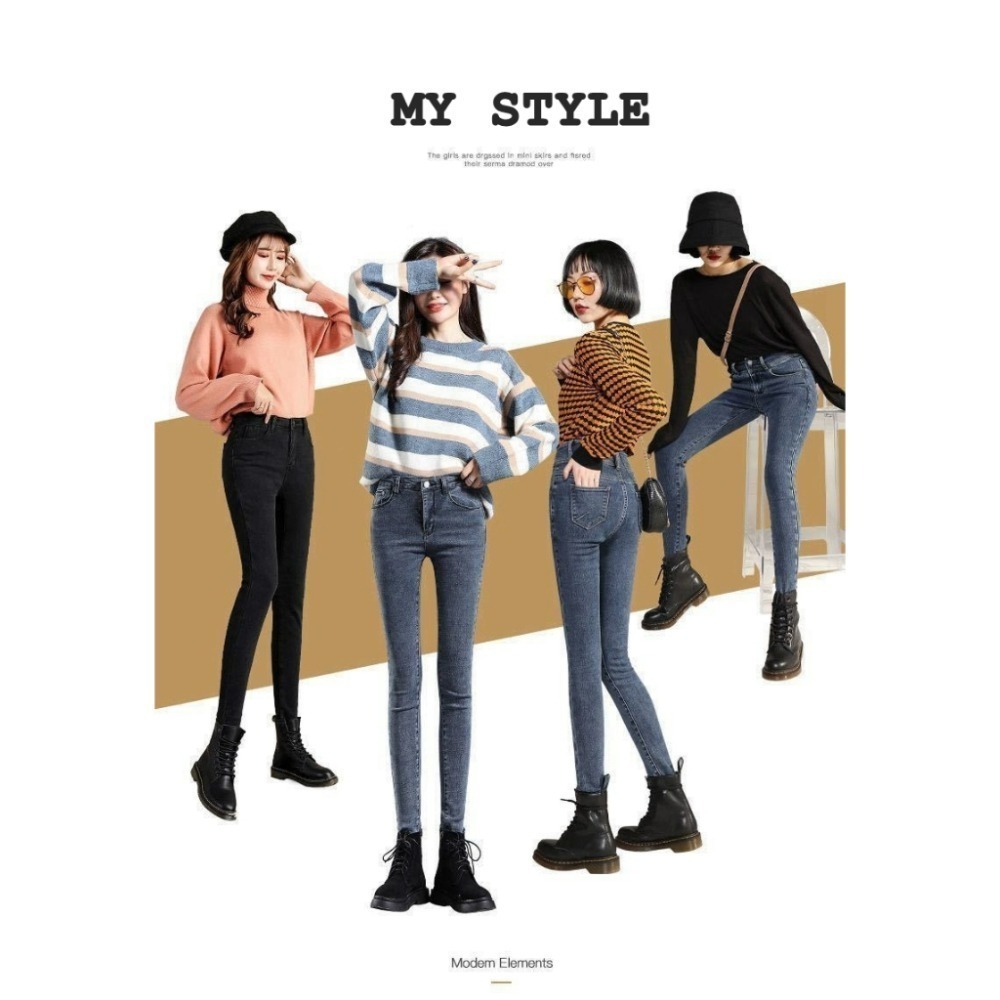 【JDUDS】加絨高腰修身彈力牛仔鉛筆褲 加絨牛仔九分褲 加絨牛仔褲 保暖牛仔褲-細節圖2