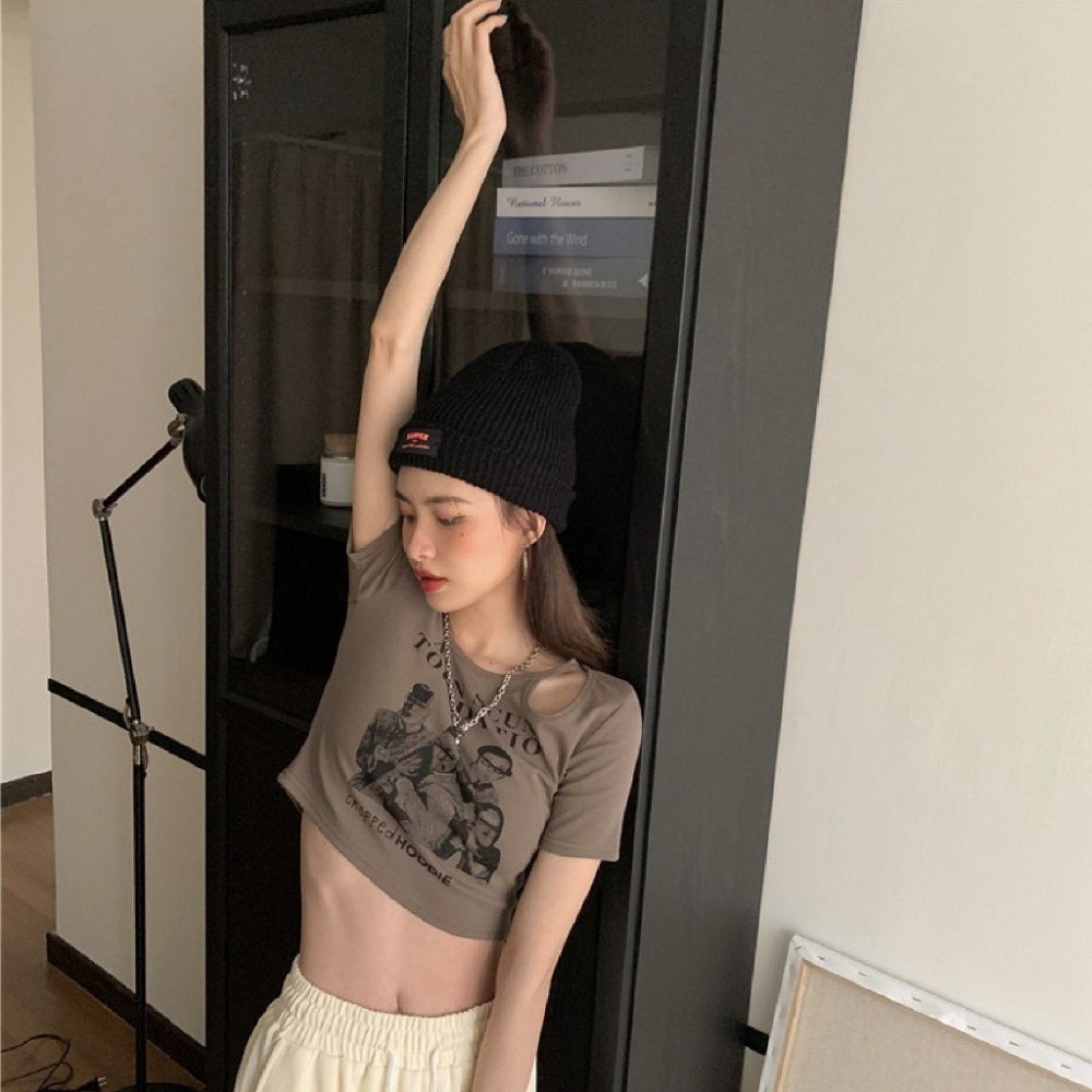 【JDUDS】美式性感單肩心機簍空 短版上衣 復古INS風格 顯瘦短袖上衣 顯瘦 修身 舒適 短T-細節圖5