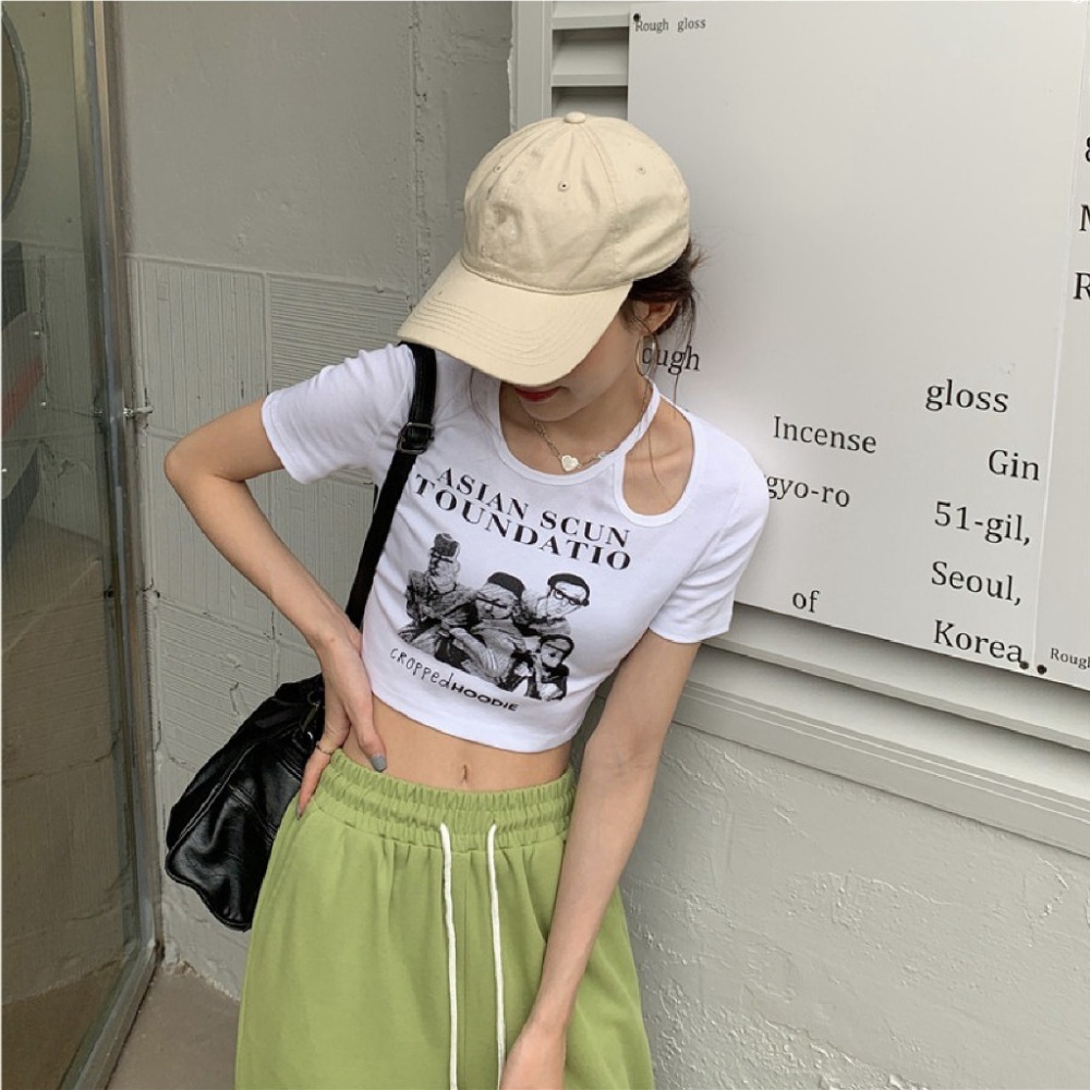 【JDUDS】美式性感單肩心機簍空 短版上衣 復古INS風格 顯瘦短袖上衣 顯瘦 修身 舒適 短T-細節圖6