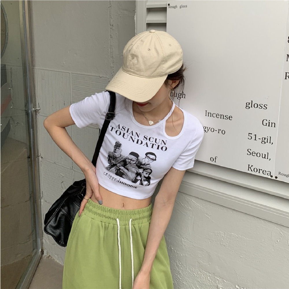 【JDUDS】美式性感單肩心機簍空 短版上衣 復古INS風格 顯瘦短袖上衣 顯瘦 修身 舒適 短T-規格圖9