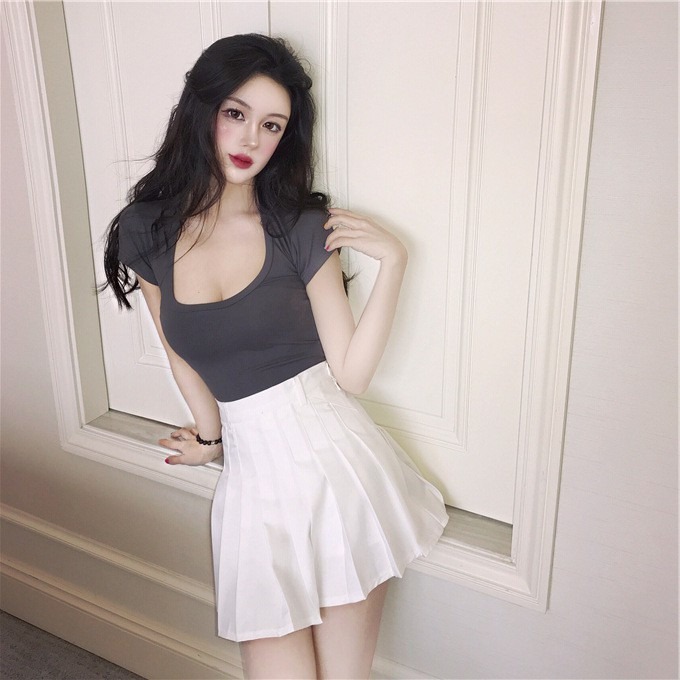 【JDUDS】大地色系 深U領素T│5色│短袖T恤 修身 顯瘦 短版T恤 性感-細節圖5