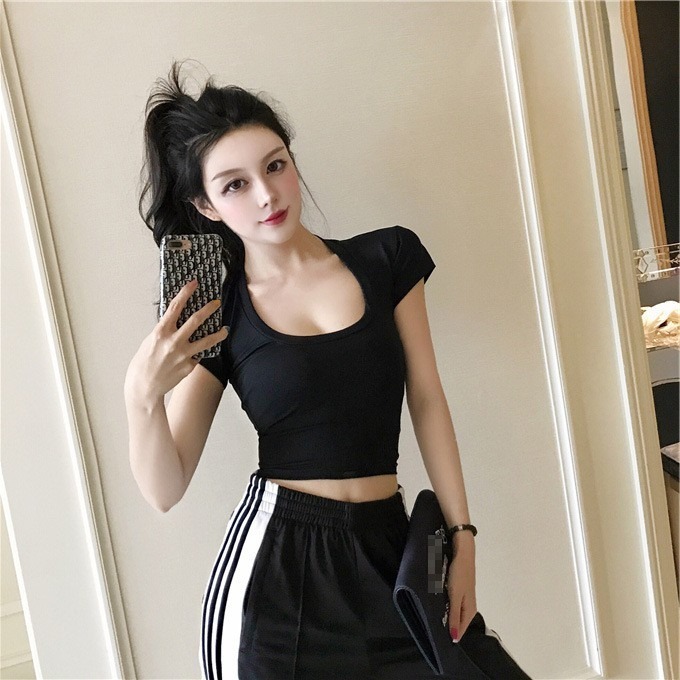 【JDUDS】大地色系 深U領素T│5色│短袖T恤 修身 顯瘦 短版T恤 性感-細節圖7