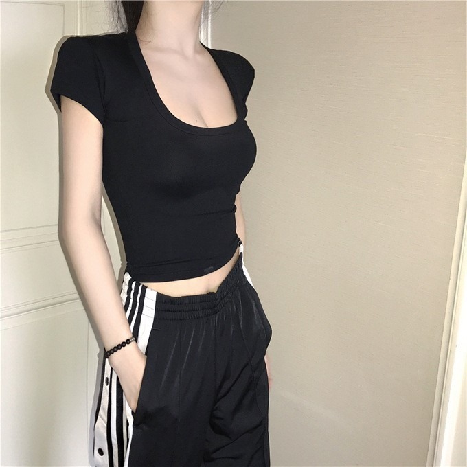 【JDUDS】大地色系 深U領素T│5色│短袖T恤 修身 顯瘦 短版T恤 性感-細節圖9