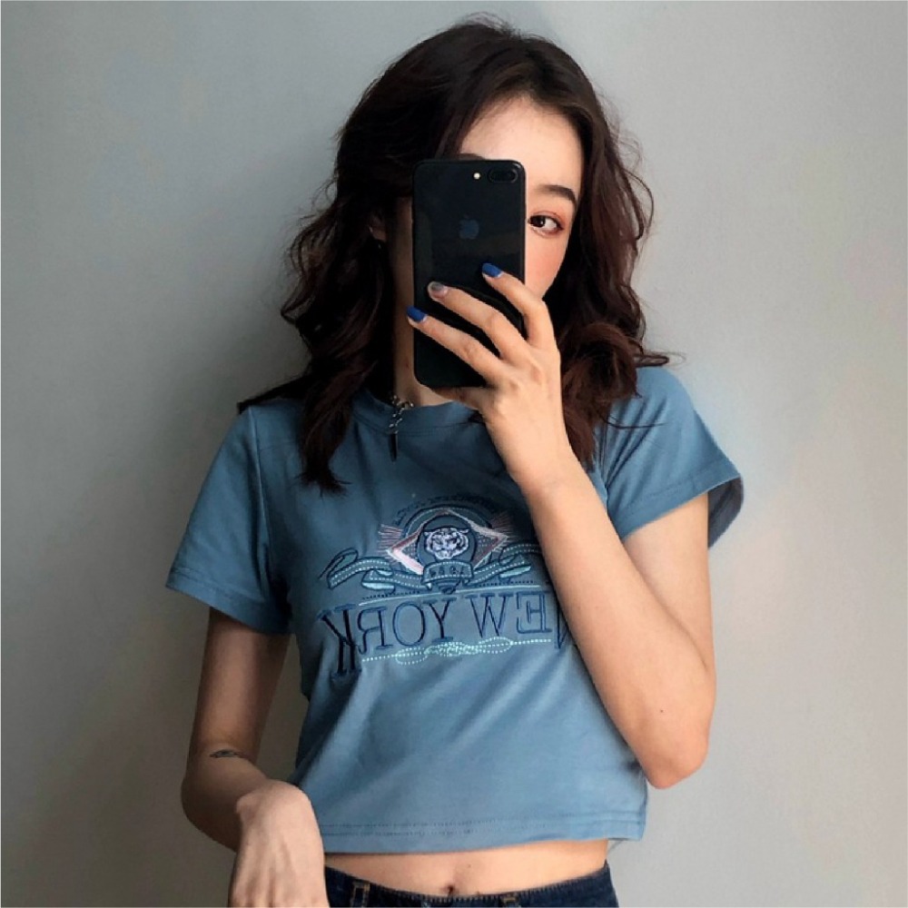 【JDUDS】夏季新品潮流網紅藍色老虎圖刺繡 短版上衣  學生短版上衣 老虎圖刺繡上衣-細節圖5