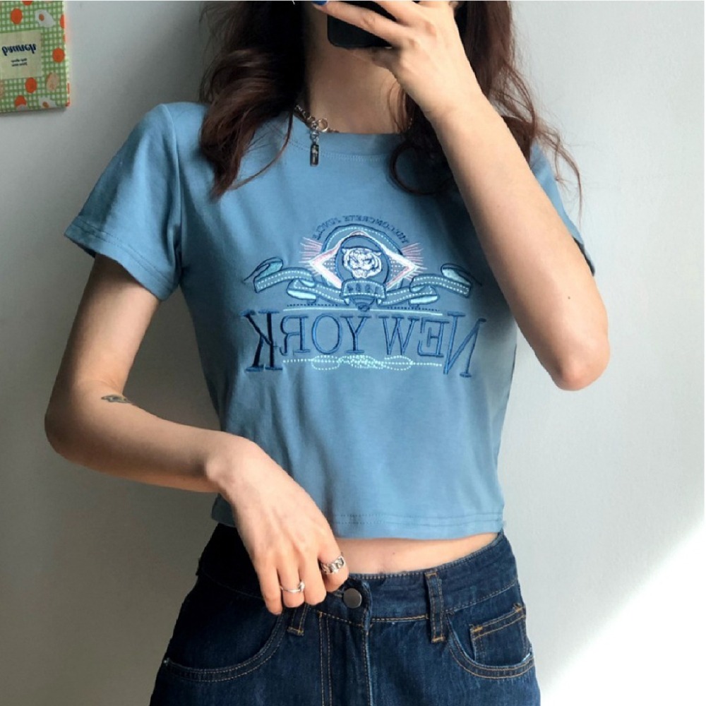 【JDUDS】夏季新品潮流網紅藍色老虎圖刺繡 短版上衣  學生短版上衣 老虎圖刺繡上衣-細節圖6