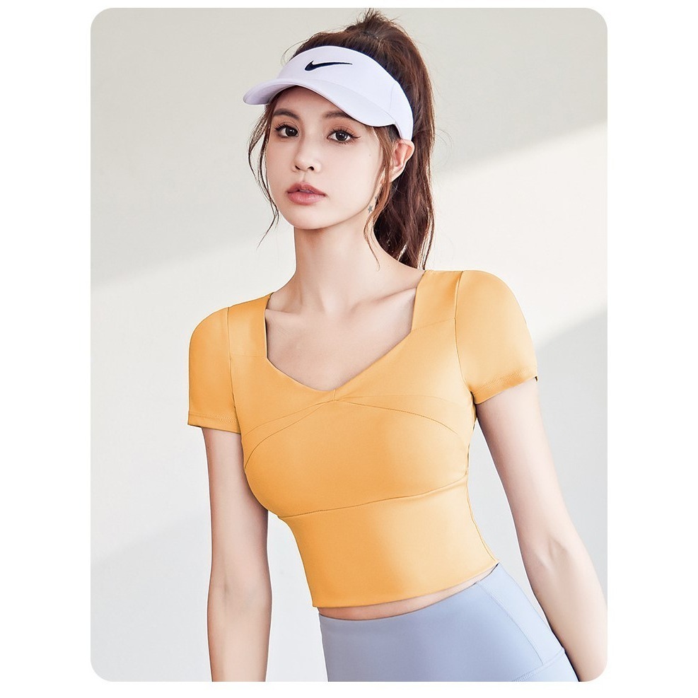 【JDUDS】運動瑜珈短袖上衣  V領運動上衣 裸感透氣健身短袖  瑜珈短袖 自帶胸墊 修身 顯瘦 運動短T-細節圖7