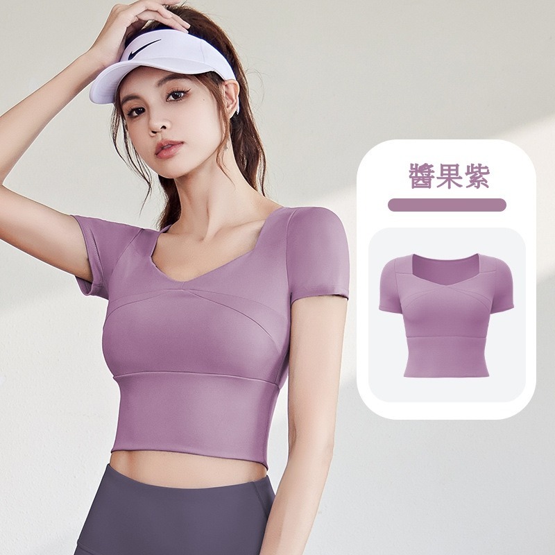 【JDUDS】運動瑜珈短袖上衣  V領運動上衣 裸感透氣健身短袖  瑜珈短袖 自帶胸墊 修身 顯瘦 運動短T-規格圖9