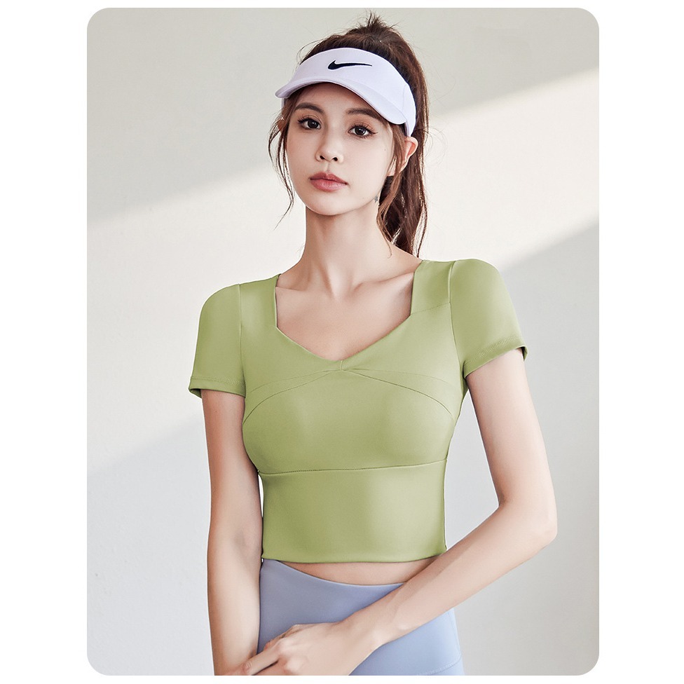 【JDUDS】運動瑜珈短袖上衣  V領運動上衣 裸感透氣健身短袖  瑜珈短袖 自帶胸墊 修身 顯瘦 運動短T-規格圖9