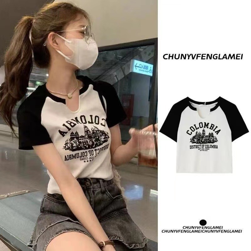 【JDUDS】美式復古字母印花拚色短袖上衣 拚色短袖 拚色圓領短袖上衣 美式復古拚色短袖-細節圖2