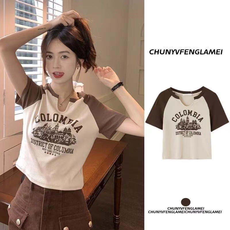 【JDUDS】美式復古字母印花拚色短袖上衣 拚色短袖 拚色圓領短袖上衣 美式復古拚色短袖-細節圖4