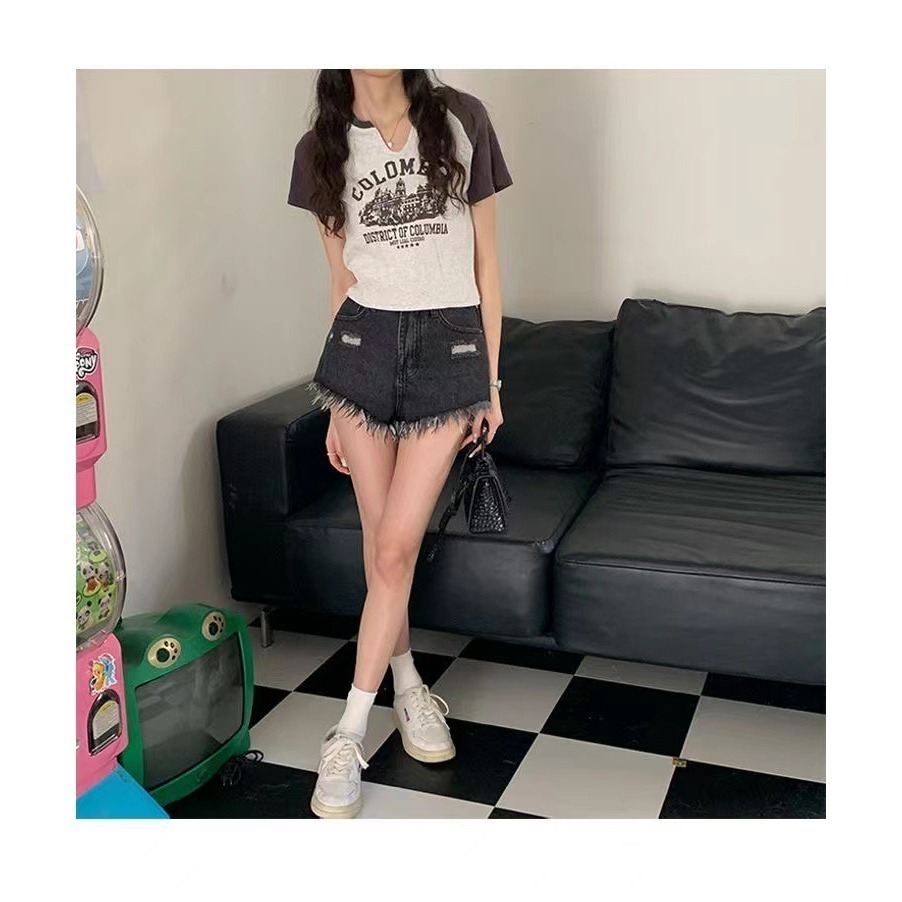 【JDUDS】美式復古字母印花拚色短袖上衣 拚色短袖 拚色圓領短袖上衣 美式復古拚色短袖-細節圖5