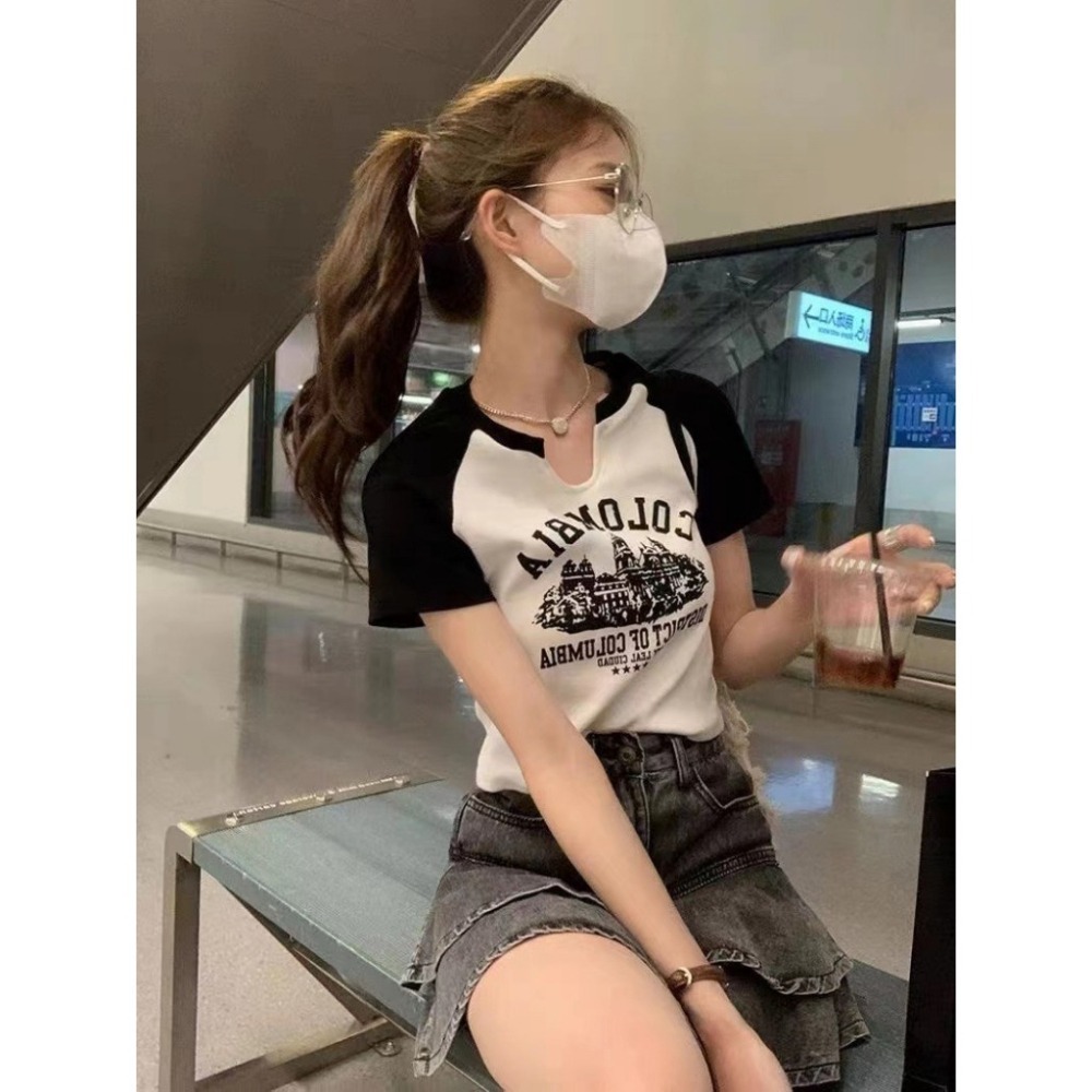 【JDUDS】美式復古字母印花拚色短袖上衣 拚色短袖 拚色圓領短袖上衣 美式復古拚色短袖-細節圖6