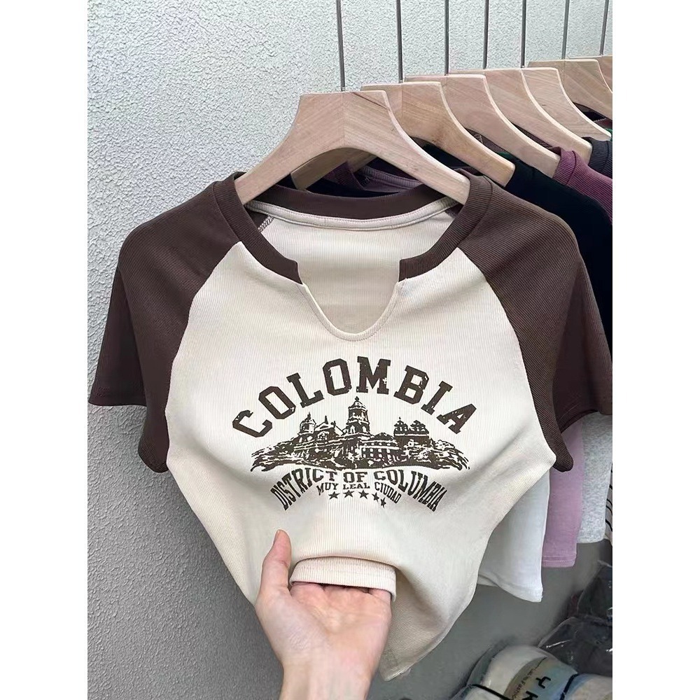 【JDUDS】美式復古字母印花拚色短袖上衣 拚色短袖 拚色圓領短袖上衣 美式復古拚色短袖-細節圖7