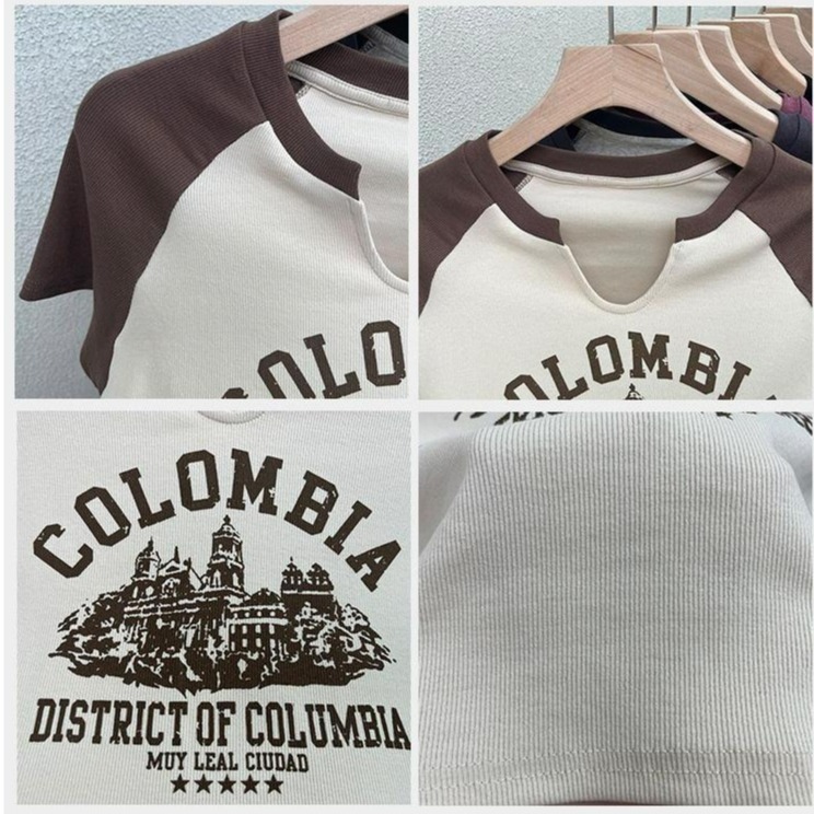 【JDUDS】美式復古字母印花拚色短袖上衣 拚色短袖 拚色圓領短袖上衣 美式復古拚色短袖-細節圖8