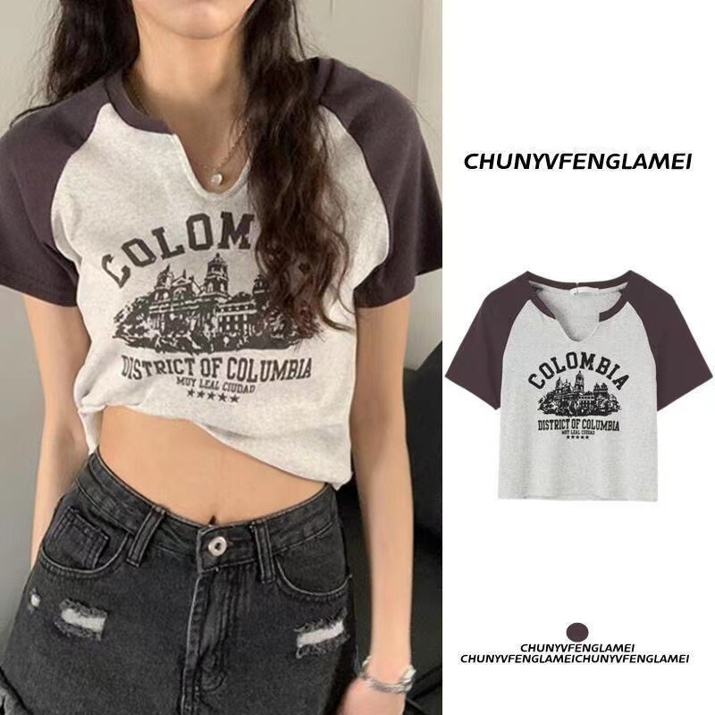 【JDUDS】美式復古字母印花拚色短袖上衣 拚色短袖 拚色圓領短袖上衣 美式復古拚色短袖-規格圖8