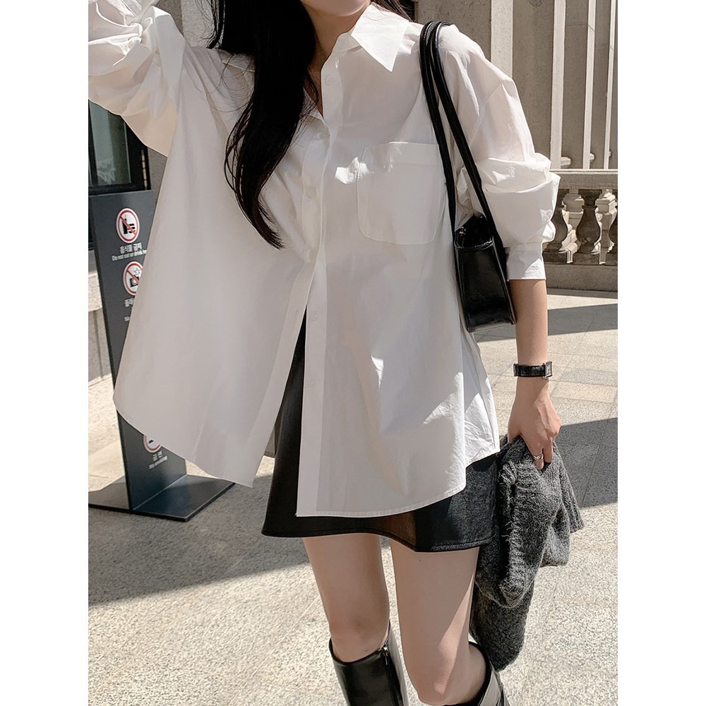 【JDUDS】韓系白色長袖襯衫 學生風格長袖白襯衫  中長版白襯衫 鈕扣白襯衫-細節圖4