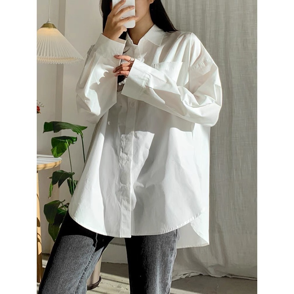 【JDUDS】韓系白色長袖襯衫 學生風格長袖白襯衫  中長版白襯衫 鈕扣白襯衫-細節圖7